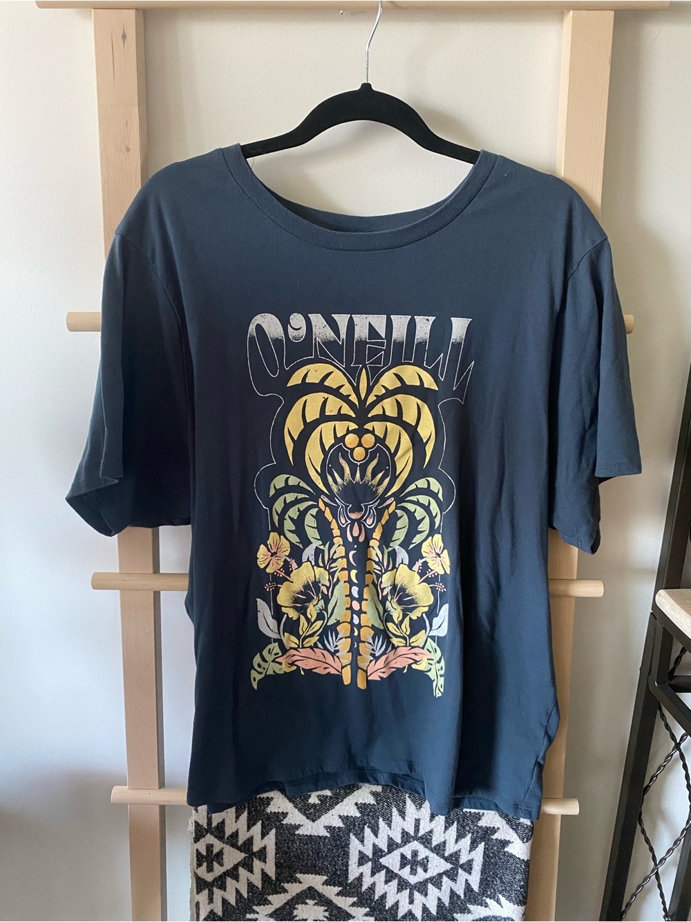 O'Neill Navy Graphic Oversized Tee with Yellow Print